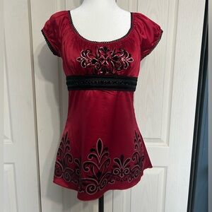 Heart Soul Vintage Y2K Babydoll Red Blouse with Black Embroidery